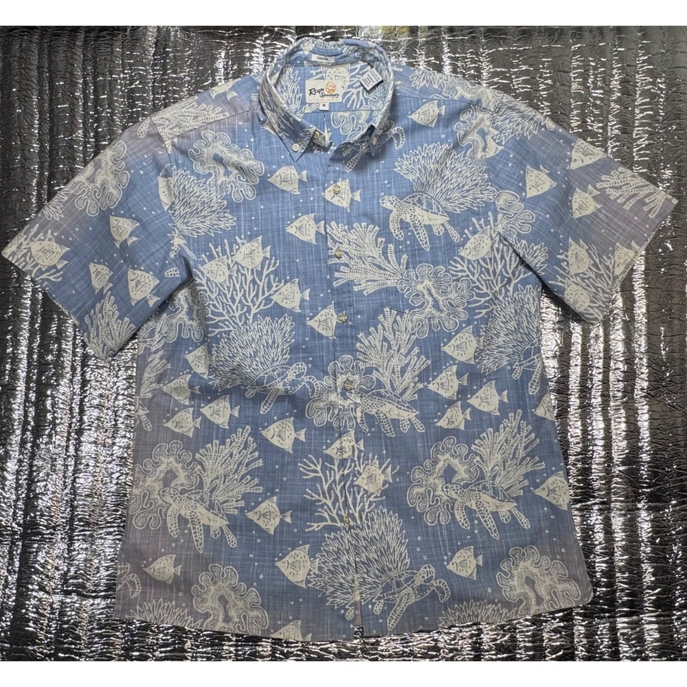 Reyn Spooner Classic Fit Sea Life Turtle Coral Print Blue Shirt Mens M Limited